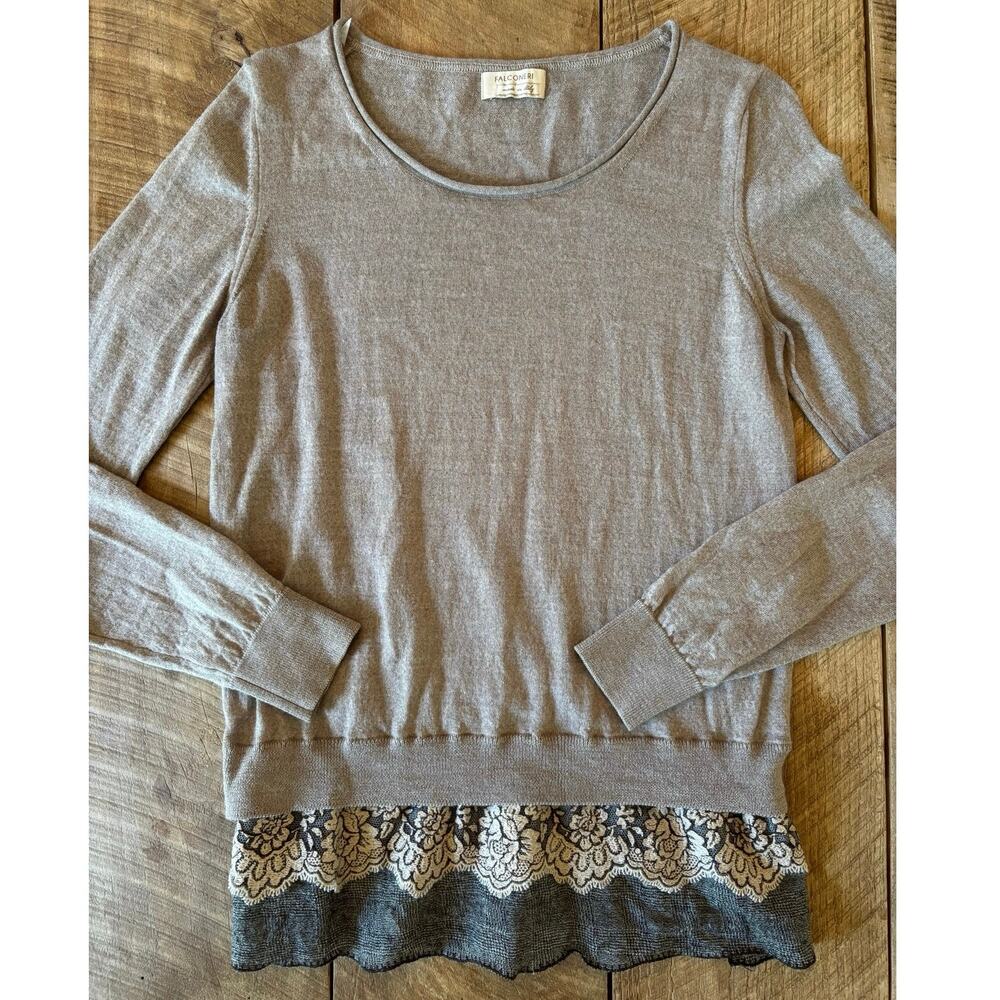 FALCONERI Women’s Heather Brown Sweater Lace and Wool Tartan Tiered Trim Size M